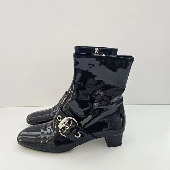 Gucci Black Patent Leather Buckle Combat Boots Size 39 With Anti Slip Sole - Picture 3 of 13